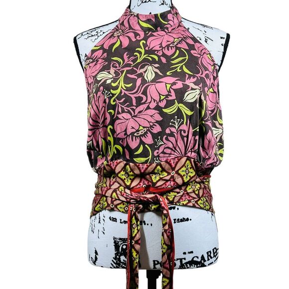 Haute Hippie Tops - Haute Hippie pink halter top floral mock neck open back size L boho baddie